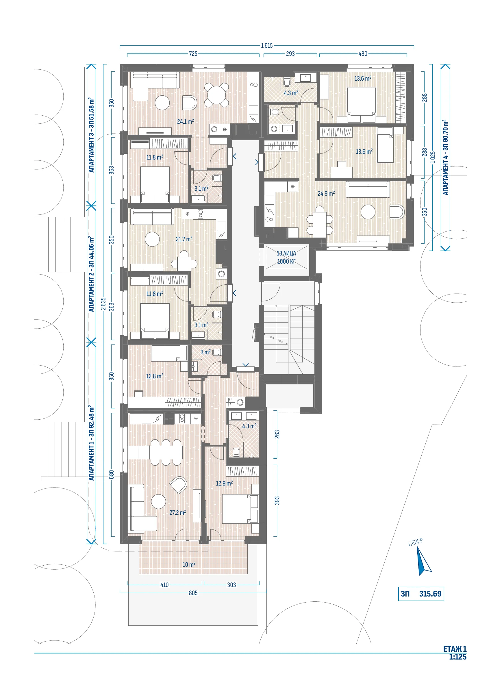 Примерно разпределение — тристаен, 95.51 м²